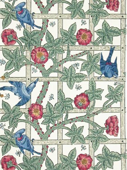 ‘Trellis wallpaper’ designed by William Morris in 1864, with the birds by Phillip Webb. Morris’ daughter May remembered the birds as ‘scary’ when she was small. Available in five colourways from www.Charles Rupert Designs.com